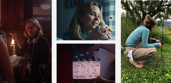 A blonde woman in different scenarios on a film set, one photo is of a clapboard