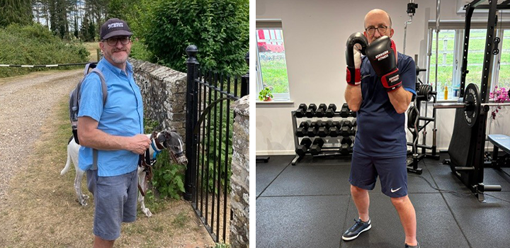Double image of Tony Pearse walking his dog on the left hand side, and in the gym with boxing gloves on on the right hand side