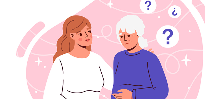 A graphic showing a younger woman listening to an older woman who has question marks floating around her head.