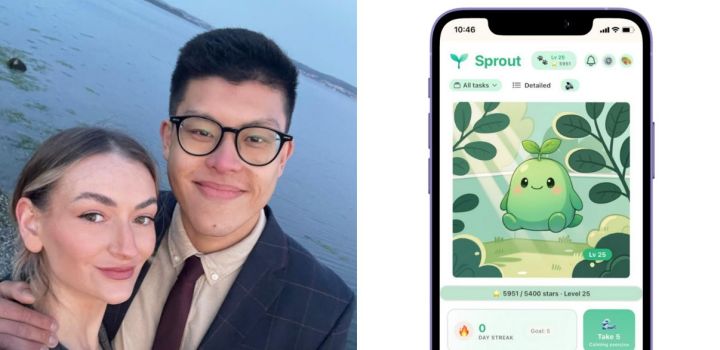 Caitlin and Jonathan are smiling while posing in front of body of water while on the right is a screenshot of the Sprout: Smart ADHD Task App.