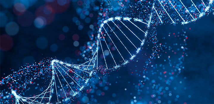 Sparkling DNA helix structure in blue and red
