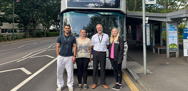 First Bus number 25 service at bus stop on University Drive