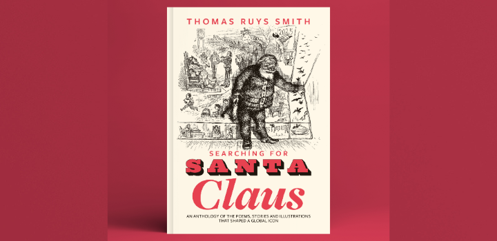 A drawing of Santa Claus on a book cover with the name 'Searching for Santa Claus' on the front, it's on a red background