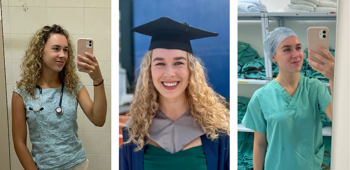 Three images of Imogen La Chapelle smiling at the camera