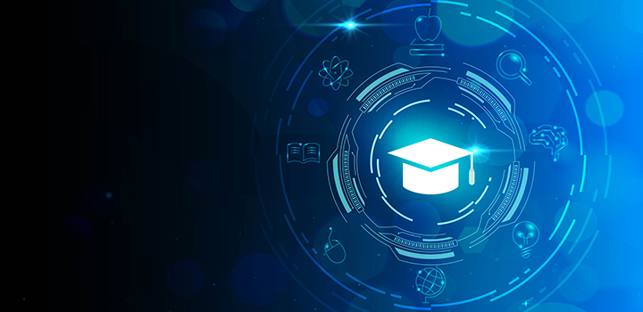Symbols such as graduation cap on a blue background