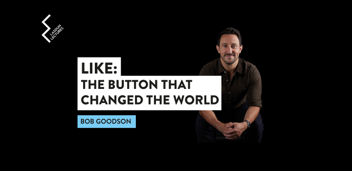 Bob Goodson smiling at the camera, in front of black background, with the words 'LIKE THE BUTTON THAT CHANGED THE WORLD' and 'BOB GOODSON' to his left