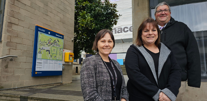 Jayne from Heart 2 Heart (centre) with Ian Callaghan (right), University Secretary, and Karen Thompson (left), Director of Health and Safety, Risk and Business Continuity.