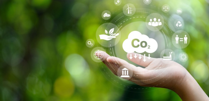 A hand holding up a hand with environmental icons, the trees in the background are blurred