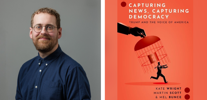 Prof Martin Scott smiling at the camera in a blue shirt and glasses, to his right is an orange book cover of a hand holding a cage over a small running figure