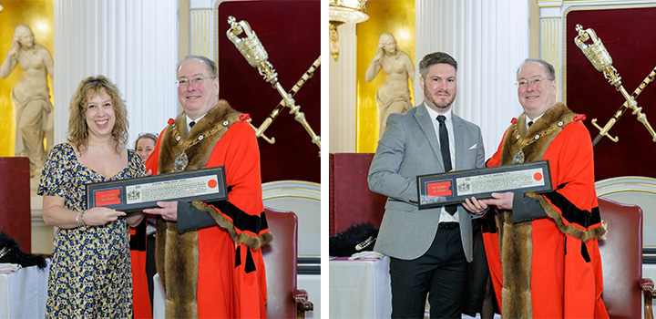 Image L-R: Prof Claire Jowitt and Lord Mayor Prof Michael Mainelli; Dr Darrell Green and Lord Mayor Prof Michael Mainelli