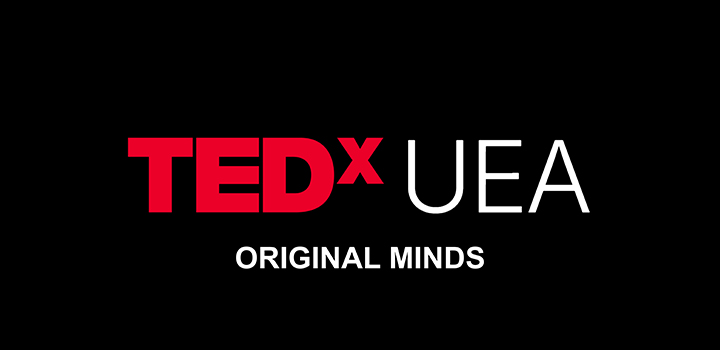 Red TEDx logo with UEA and Orgiginal Minds in white