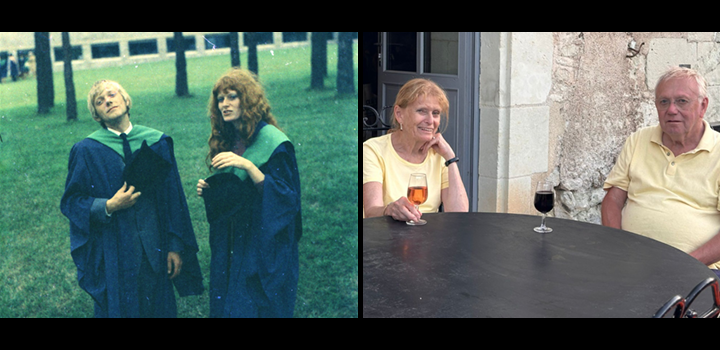David and Jane Newbold on their graduation day at UEA (left) and on a recent trip to France (right)