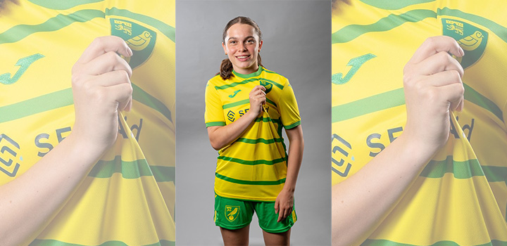 Rachel Lawrence wearing her Norwich City shirt