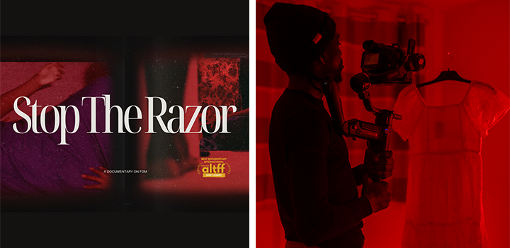 L-R: Stop the Razor's film poster; Ayoola Jolayemi filming a dress in a red room