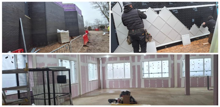 Three images show builders working, with two showing the exterior cladding being added to the building and another showing the bare bones of an inside room.