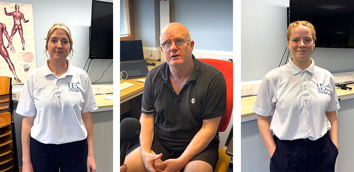 Three pictures of two women and a man