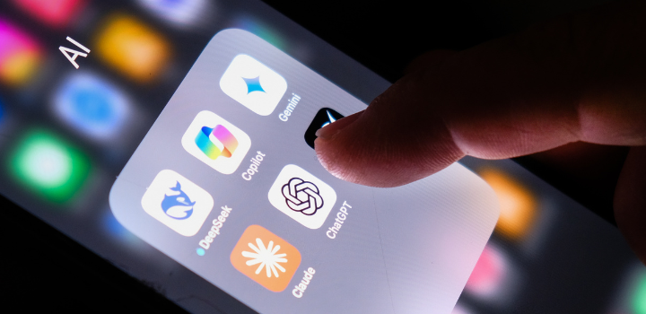 A person is tapping on a smartphone screen displaying a folder labeled "AI." The folder contains app icons for DeepStack, Copilot, ChatGPT, Gemma, and Claude.