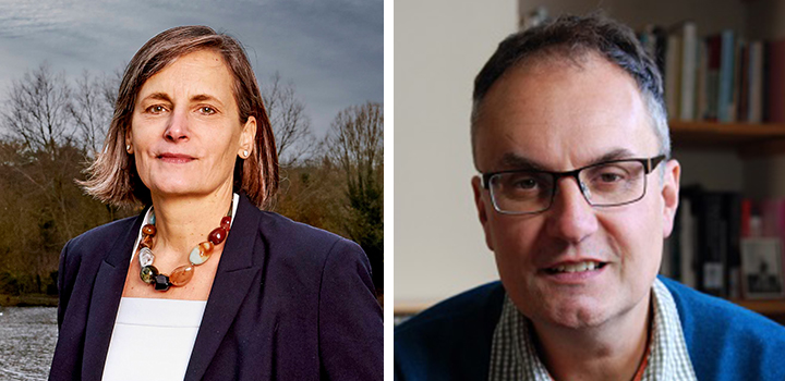 Two photos of a man and a woman