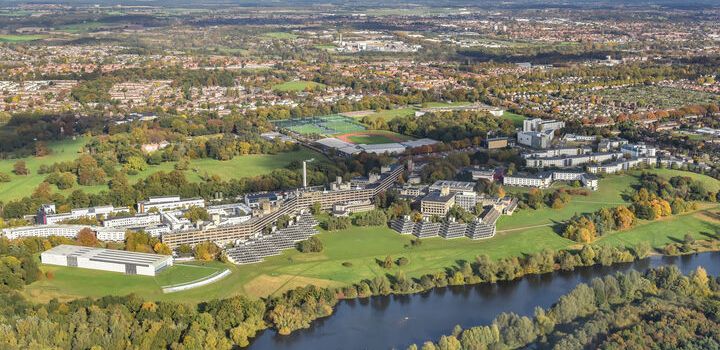 An aerial view of the University of East Anglia campus, with University Broad in the foreground.