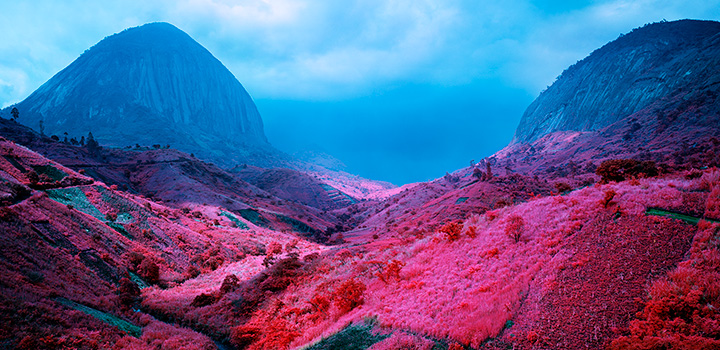 A bright pink poison glen with mountains and a blue sky in the background