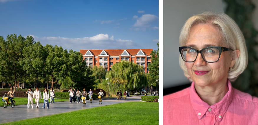 CUCN campus in Nanjing, China and Dr Rachelle Knowles who is wearing a pink shirt and black framed glasses