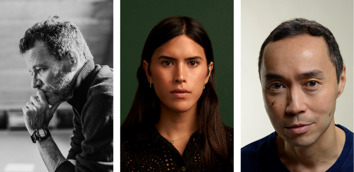 A black and white image of Yann Martel looking to the left, Nicola Dinan looking at the camera in front of a green background, Tash Aw looking at the camera in front of a cream background