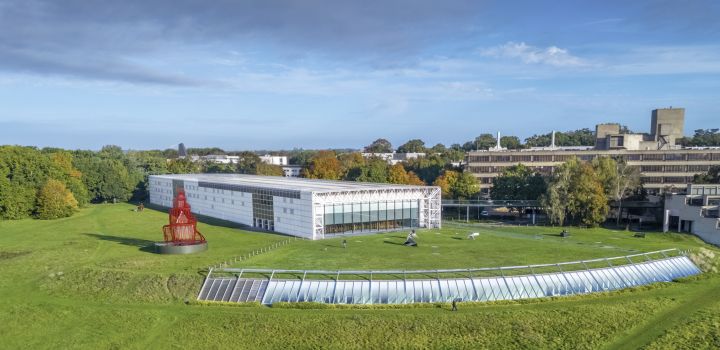 An aerial view of the Sainsbury Centre, which is set in green park land.