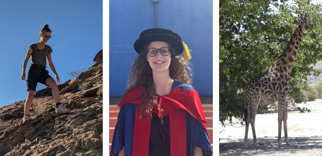 Ellie Harris in Africa with a bright blue sky behind her, Ellie smiling in a graduation cap and robes with a red collar; a wild giraffe in Namibia with green foliage behind them