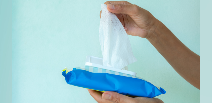A hand pulling a wet wipe out of a packet, the packet is blue with a hint of a white and blue stripe on top