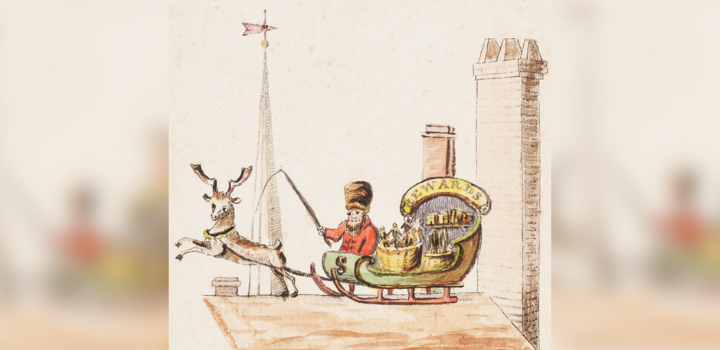 A sleigh being pulled by a reindeer, a small figure is sat in it with a whip in his hand