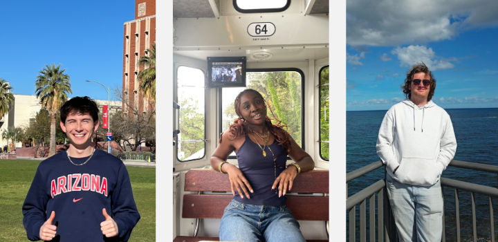 Three people smiling at a camera, one background is green with palm trees, one has green trees and a wooden bench, and the other has a blue ocean behind