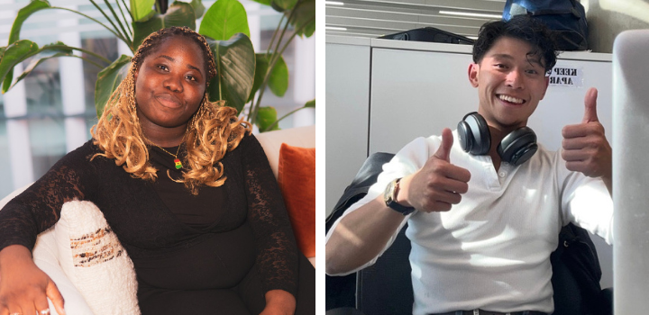 Earlgi Dadzie, who is sitting down and wearing a black top, and Gab Astorga, who has two thumbs up smiling and wears a white top with headphones around his neck