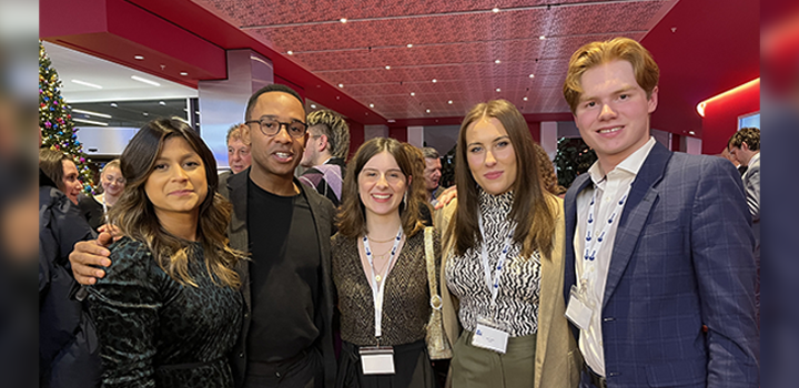 Image L-R: ITV journalist Sangita Lal, Sky News presenter Kamali Melbourne, UEA student journalists Anna Johnson, Aimee Dexter and Cameron Noble (credit: UEA Journalism)