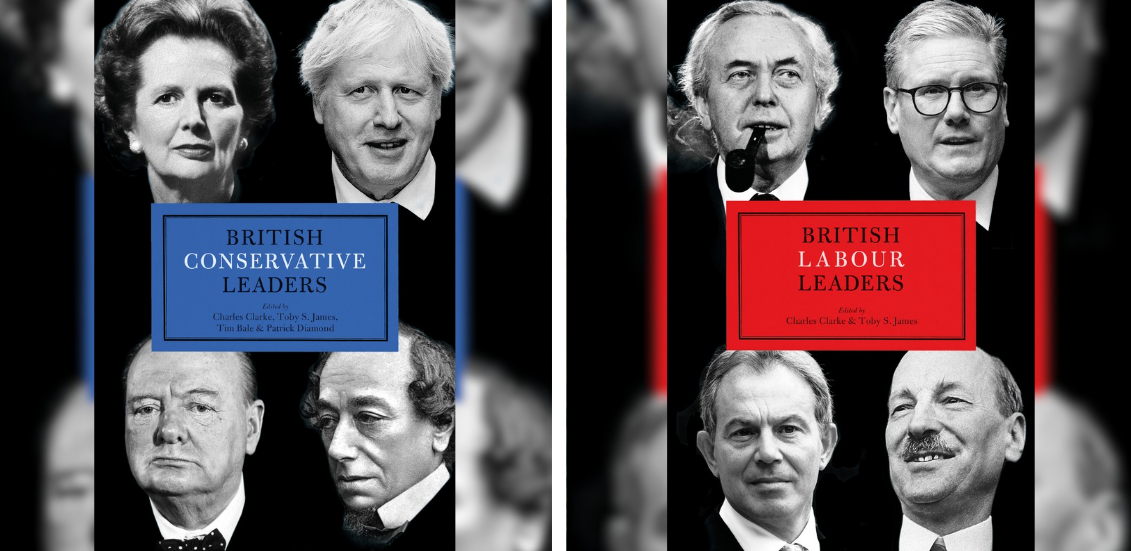 Two book covers with black and white images of British political leaders from the Conservative and Labour parties