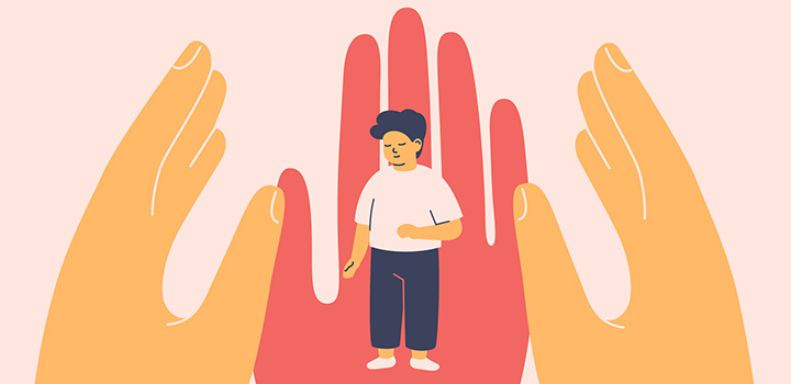 An illustrated graphic showing a person surrounded by three large hands.