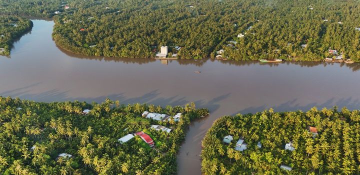 Aerial view of Mekong Delta river and countryside, palm jungle and riverside houses.