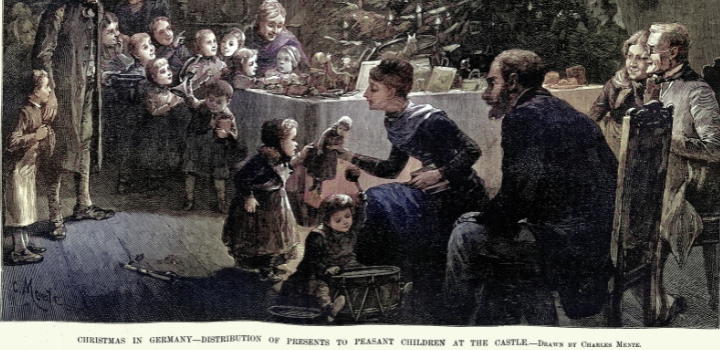 A group of children around two people giving out presents, a Victorian drawing of gift giving