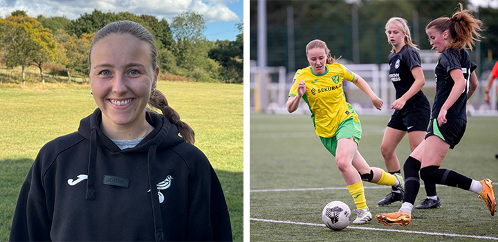 L-R: Millie Daviss smiling; Millie Daviss playing football for the Canaries in her green and yellow kit