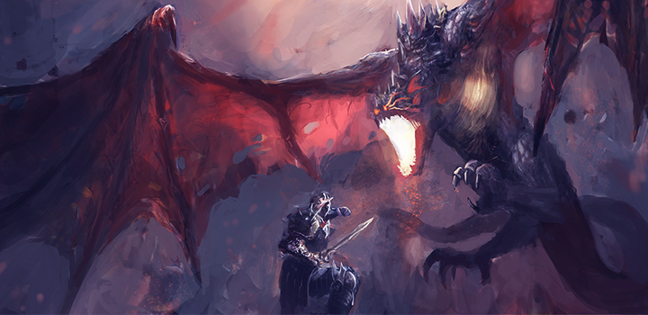 A depiction of a knight in armour fighting a dragon
