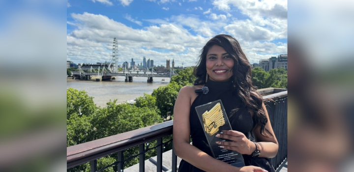 Rithula Nisha with her award from the Royal Television Society Awards