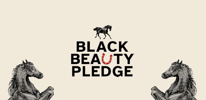 Two images of a drawn black horse are visible in the bottom corners in front of a beige background, with the text BLACK BEAUTY PLEDGE in the middle with a small image of a black horse above.