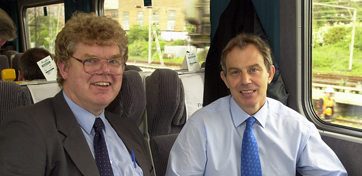 Paul Geater with Prime Minister Tony Blair during a train interview