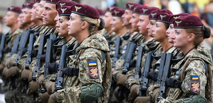 Ukrainian service  personnel during a final rehearsal for the Independence Day military parade in central Kyiv, Ukraine.