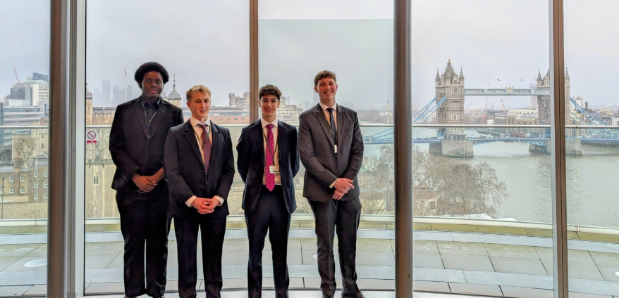 Norwich Business School students, Desmond Adu, Alex Caesar-Giles, Jamie Harvey, Gene Coopey, at Marsh Headquarters