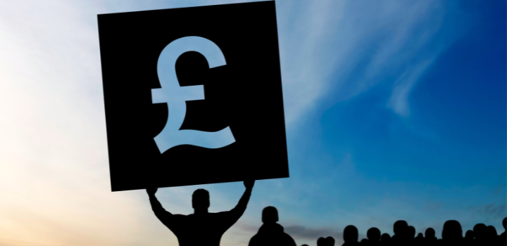 A crowd of silhouttes holding up a British pound sign