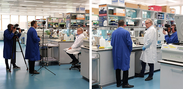 Two photos showing men in lab coats being filmed