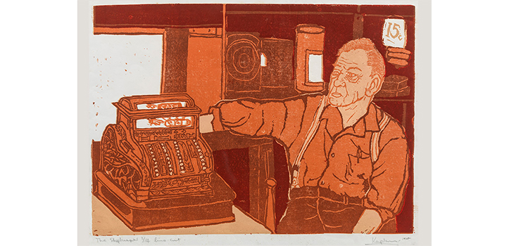 ‘Mr Lindstrom, The Shopkeeper’ South End, Gqeberha (formerly Port Elizabeth), linocut on paper, Norman Kaplan, 1967