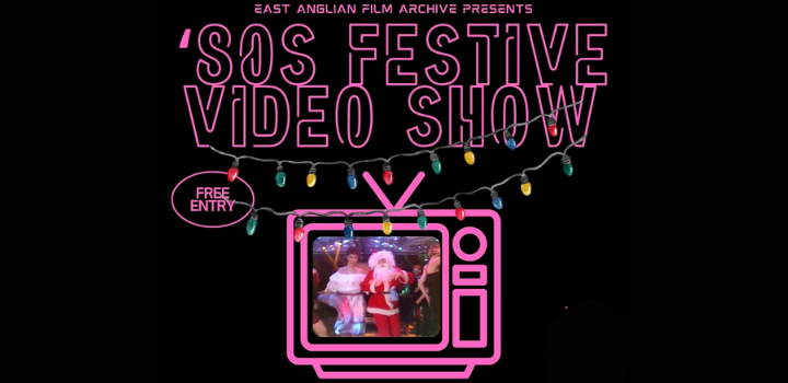 A pink graphic of a television with Santa on the screen, festive lights and '80s FESTIVE VIDEO SHOW' in pink font above