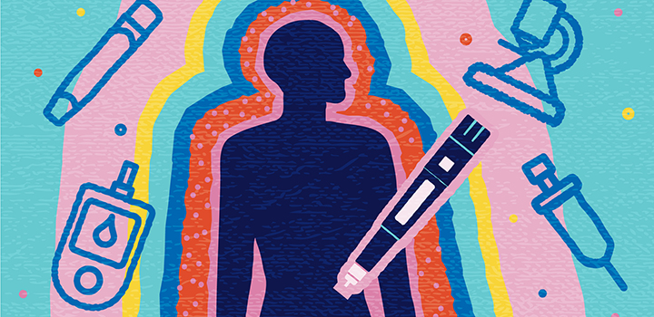 An illustrated  graphic showing a person with a syringe