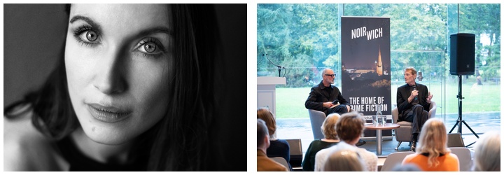 Composite image showing a black-and-white portrait of crime novelist Nuala Ellwood and a literary event featuring two speakers in conversation.